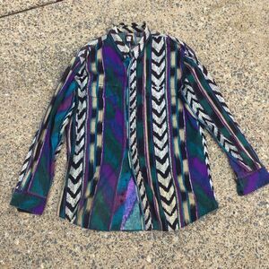 Vintage Karman Mens Sz L Western Wear Button Shirt Geometric Blue Purple Black